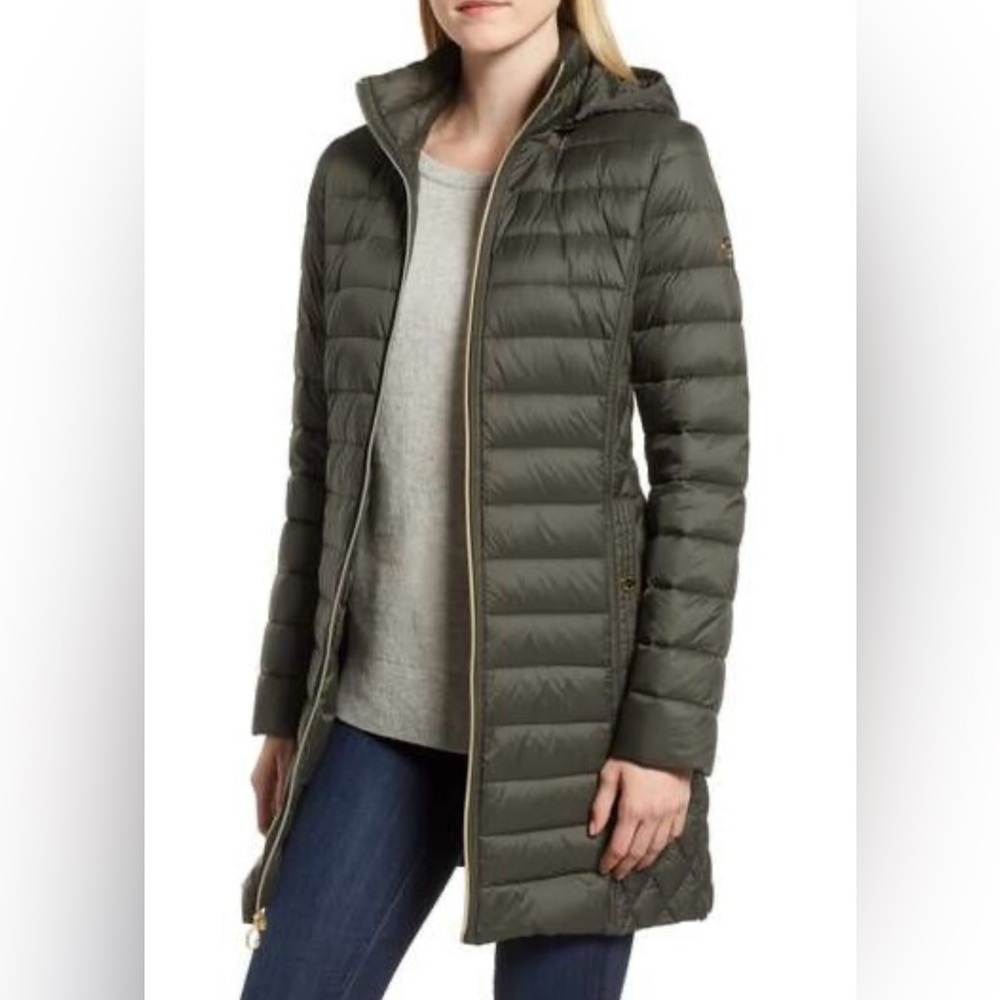 MICHAEL KORS Quilted Puffer Coat, Green/Gold, Size XS